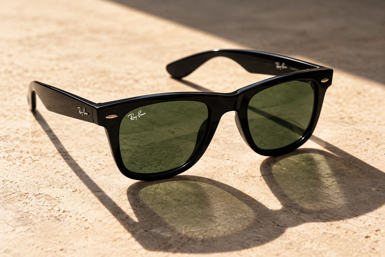 Black Ray-Ban sunglasses with green lenses in sunlight