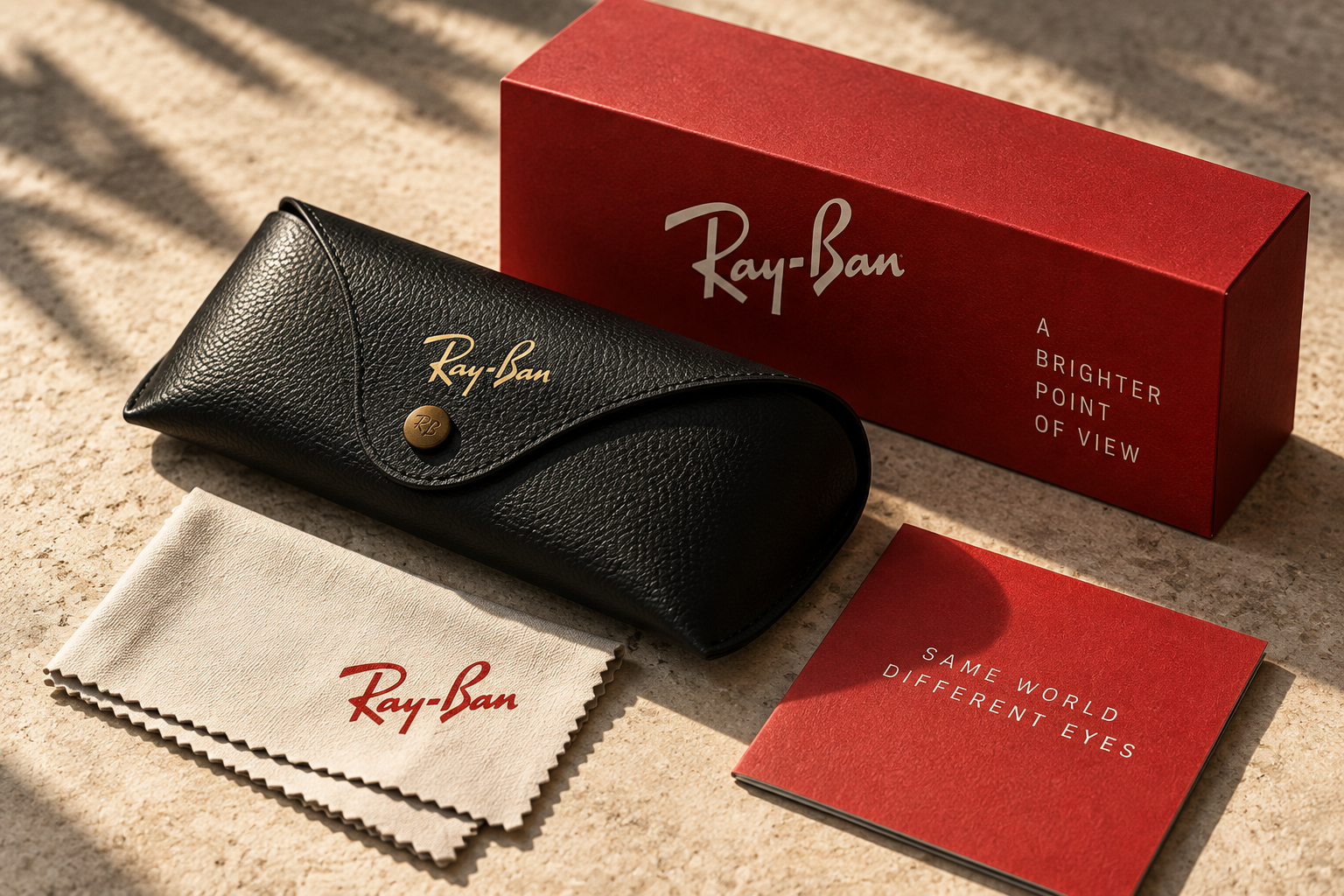 Ray-Ban case, red packaging and cleaning cloth